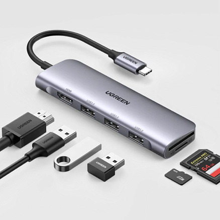 Хаб (разветвитель) Type-C - HDMI, 3 х USB 3.0, SD, microSD Ugreen CM511 серый