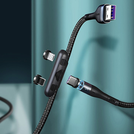 Кабель USB - MicroUSB, Lightning, Type-C 1 м 5А 40W магнитный плетеный Baseus Zinc (быстрая зарядка) черно-серый