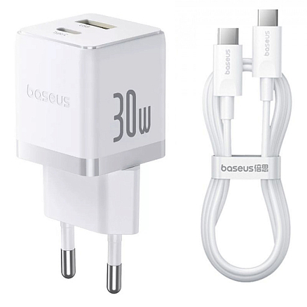 Зарядное устройство сетевое с USB и Type-C входами 3А 30W с кабелем Type-C 60W Baseus Palm (быстрая зарядка PD) белое
