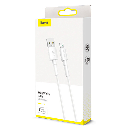 Кабель USB - MicroUSB для зарядки 1 м 4А 20W Baseus Mini White (быстрая зарядка QC) белый