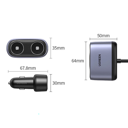 Зарядное устройство автомобильное с USB и Type-C входами 3A 24W Ugreen CD252 с разветвителем черное