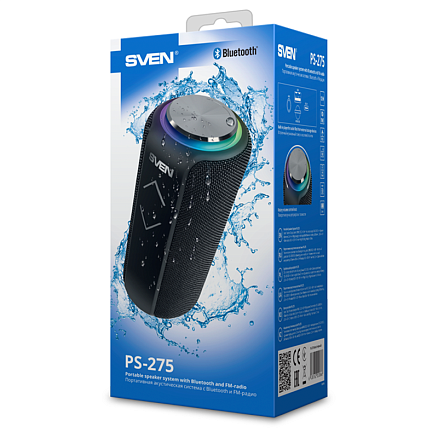 Портативная колонка Sven PS-275 с защитой от воды, подсветкой, FM-радио, USB и поддержкой MicroSD карт черная