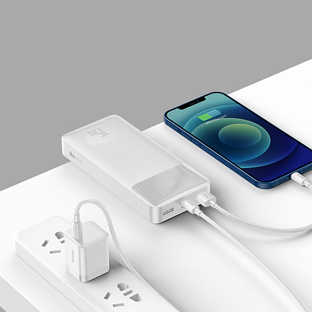 Внешний аккумулятор Baseus Bipow Digital с дисплеем 20000мАч (USB, Type-C, ток 3А, быстрая зарядка PD, QC 3.0, 15Вт) белый