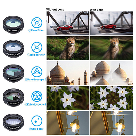 Объектив для телефона универсальный 10-в-1: Telephoto 2X, Fisheye, Wide-Angle, Macro и 6 фильтров Apexel APL-DG10