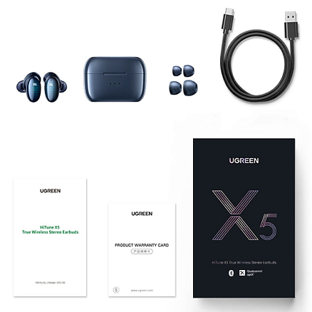 Наушники TWS беспроводные Ugreen WS108 HiTune X5 вакуумные с микрофоном синие