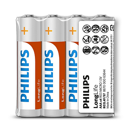 Батарейка LR03 (пальчиковая маленькая AAA) Philips Longlife Zinc R03L4F/97 упаковка 4 шт.