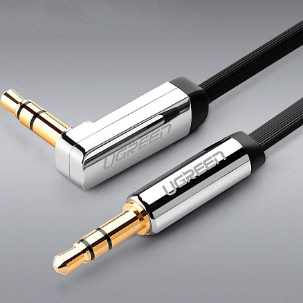 Кабель 3,5 мм - 3,5 мм угловой (стандартный аудио разъем) Aux 2 м плоский Ugreen AV119 черный