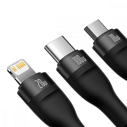 Кабель Type-C - MicroUSB, Lightning, Type-C 1,5 м 100W плетеный Baseus Flash Series черный