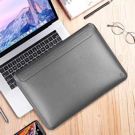 Чехол для Apple MacBook Air 13 (2018-2019) A1932, (2020) А2179, M1 (2020) A2337 кожаный футляр с подставкой WiWU Skin Pro Stand серый