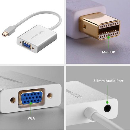 Переходник (преобразователь) Mini DisplayPort - VGA, 3,5 мм (папа - мама, мама) длина 17 см Ugreen MD107 белый