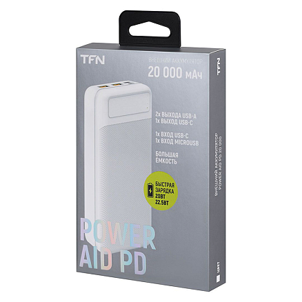 Внешний аккумулятор TFN PowerAid 20000мАч (2 x USB, Type-C, microUSB, быстрая зарядка) белый