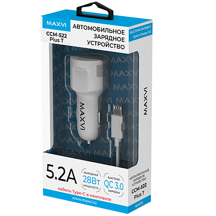 Зарядное устройство автомобильное с двумя USB входами 5.2A и Type-C кабелем Maxvi CCM-522 Plus T белое