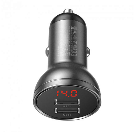 Зарядное устройство автомобильное с двумя USB входами 4.8A 24W Baseus Digital Display серое