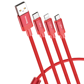 Кабель USB - MicroUSB, Lightning, Type-C 1,2 м 3.5A плетеный Baseus Data Faction красный