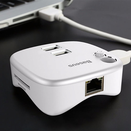 USB 3.0 HUB (разветвитель) на 2 порта, Ethernet, картридер SD и MicroSD Baseus HR35 серебристый