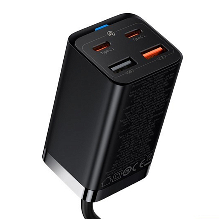 Зарядное устройство сетевое с двумя USB и двумя Type-C входами 3А 65W с кабелем Baseus GaN3 Pro (быстрая зарядка QC 4.0, 3.0, PD) черное
