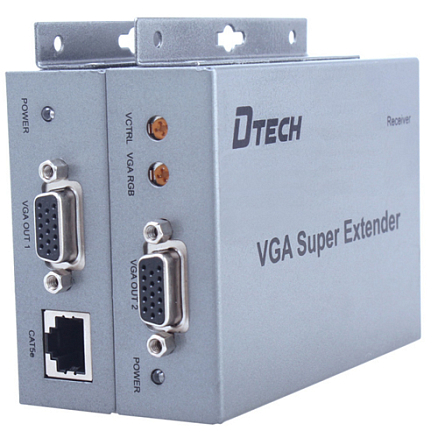 Удлинитель VGA (VGA Extender + Splitter (разветвитель) на 2 порта) до 100 метров по витой паре Dtech DT-7020 с питанием