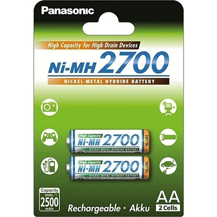 Аккумуляторы AA (пальчиковые большие) Ni-Mh 2700мАч Panasonic комплект 2шт.