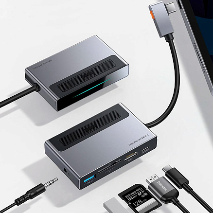 Хаб (разветвитель) Type-C - USB 3.0, SD, microSD, HDMI, Type-C PD, 3.5 мм Baseus Magic серый