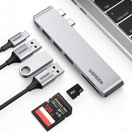 Хаб (разветвитель) Dual Type-C - 3 х USB 3.0, Type-C (Thunderbolt 3) с картридером SD и MicroSD Ugreen CM251 серый