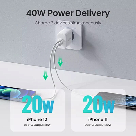 Зарядное устройство сетевое с двумя Type-C 40W 3А Ugreen CD243 (быстрая зарядка PD 3.0, QC 3.0) белое