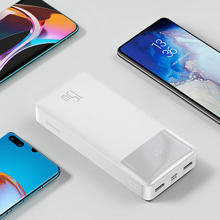 Внешний аккумулятор Baseus Bipow Digital с дисплеем 20000мАч (USB, Type-C, ток 3А, быстрая зарядка PD, QC 3.0, 15Вт) белый