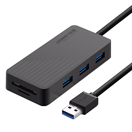 USB 3.0 HUB (разветвитель) на 3 порта с картридером для SD и MicroSD Ugreen CR132 с питанием MicroUSB черный