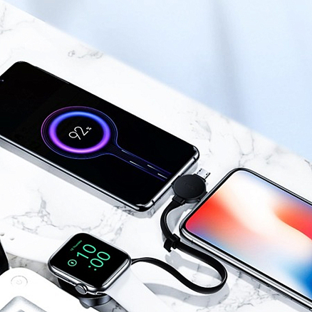 Кабель USB - MicroUSB, Lightning, Type-C 18 см 3A с беспроводной зарядкой для Apple Watch Baseus Star Ring черно-серый