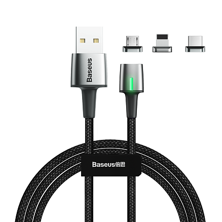 Кабель USB - MicroUSB, Lightning, Type-C 2 м 2А со сменными штекерами магнитный плетеный Baseus Zinc черный