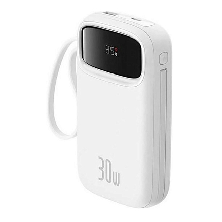 Внешний аккумулятор Baseus QPow 2 Digital с встроенным кабелем 2хType-C 20000мАч (USB, быстрая зарядка PD, QC, ток 3А, 30Вт) белый