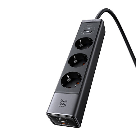 Сетевой фильтр на 3 розетки, 1 USB, 2 Type-C 30W GaN длина 1.5 м McDodo CH-0620 (быстрая зарядка QC, PD) черный