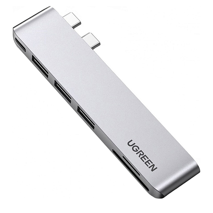 Хаб (разветвитель) Dual Type-C - 3 х USB 3.0, Type-C (Thunderbolt 3) с картридером SD и MicroSD Ugreen CM251 серый