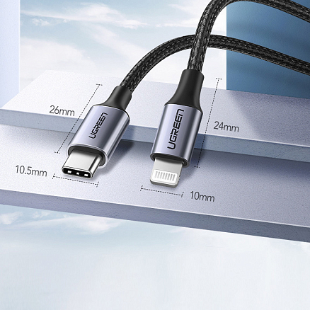 Кабель Type-C - Lightning для зарядки 2 м 3А MFi плетеный Ugreen US304 (быстрая зарядка PD) черный