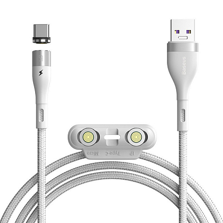 Кабель USB - MicroUSB, Lightning, Type-C 1 м 5А 40W магнитный плетеный Baseus Zinc (быстрая зарядка) белый