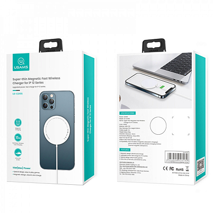 Беспроводная магнитная зарядка MagSafe для iPhone 15W Usams US-CD155 белая