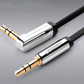 Кабель 3,5 мм - 3,5 мм угловой (стандартный аудио разъем) Aux 0,5 м плоский Ugreen AV119 черный