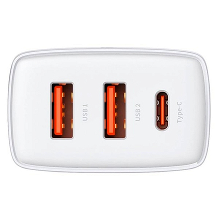 Зарядное устройство сетевое с двумя USB и Type-C входом 3А 30W Baseus Compact (быстрая зарядка PD, QC 3.0) белое
