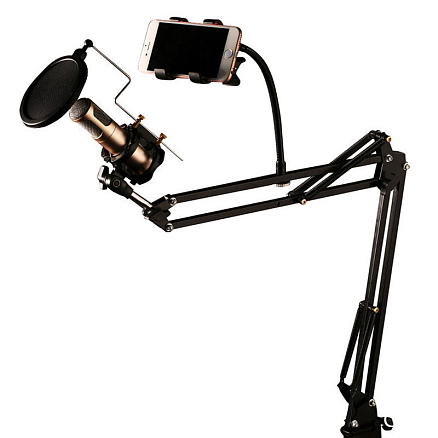 Стойка-держатель (пантограф) для микрофона с поп-фильтром Remax CK-100 черная