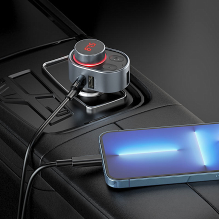 FM модулятор (трансмиттер) автомобильный с громкой связью, Type-C PD 30W и USB QC для зарядки Hoco E72 Alegria серый