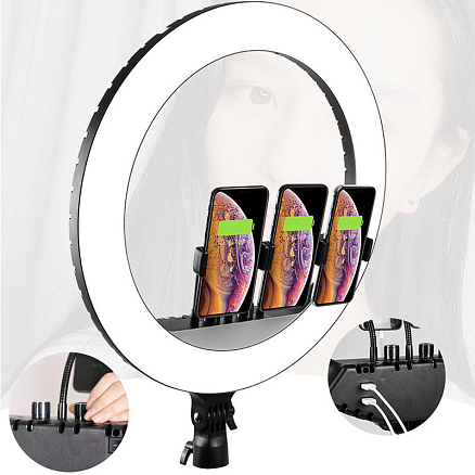 Кольцевая лампа диаметром 54 см с пультом ДУ RL-21 (три крепления для телефонов) черная