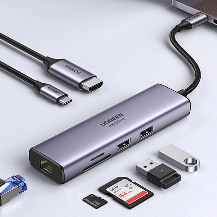 Хаб (разветвитель) Type-C - USB 3.0, HDMI 4K 30Hz, RJ45, SD, microSD, PD 100W Ugreen CM512 серый
