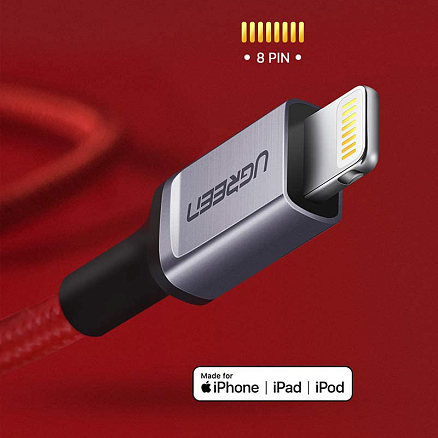 Кабель USB - Lightning для зарядки iPhone 1 м 2.4А MFi плетеный Ugreen US293 красный