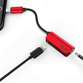 Переходник Lightning - 3,5 мм, Lightning (папа - мама, мама) Baseus L32 красный