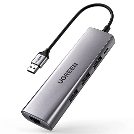 USB 3.0 HUB (разветвитель) на 3 порта + Gigabit Ethernet Ugreen CM266 с питанием MicroUSB черный