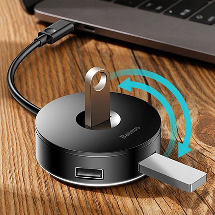 USB 3.0 HUB (разветвитель) на 1 порт USB 3.0 и 3 порта USB 2.0 25 см Baseus Round Box с питанием MicroUSB черный