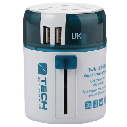 Переходник для розетки универсальный c двумя USB Travel Blue Sliding бело-синий