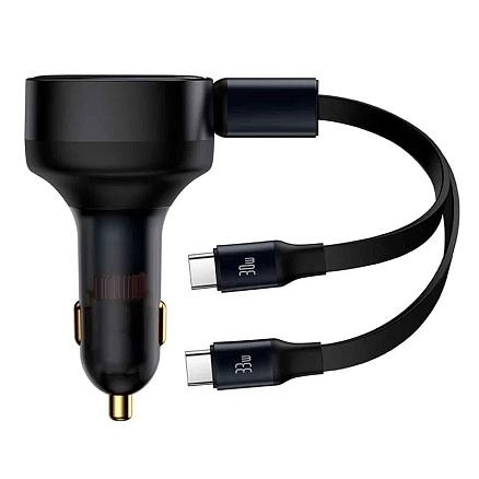 Зарядное устройство автомобильное с кабелем 2 х Type-C 33W Baseus Enjoyment Retractable (быстрая зарядка PD) черное