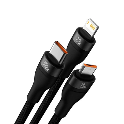 Кабель USB - MicroUSB, Lightning, Type-C 1,2 м 2.4A 100W плетеный Baseus Flash Series черный