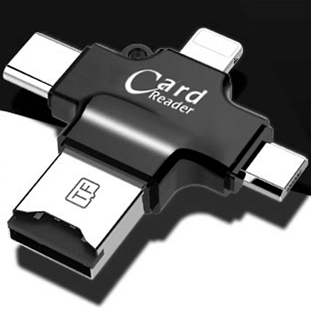 Картридер MicroSD 4-в-1 Lightning, Type-C, MicroUSB, USB iDragon U-010 черный