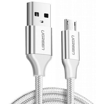 Кабель USB - MicroUSB для зарядки 2 м 2А 18W плетеный Ugreen US290 (быстрая зарядка QC 3.0) серебристый